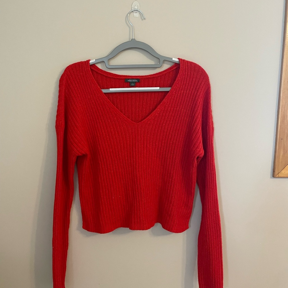 Red V-Neck Ribbed Sweater